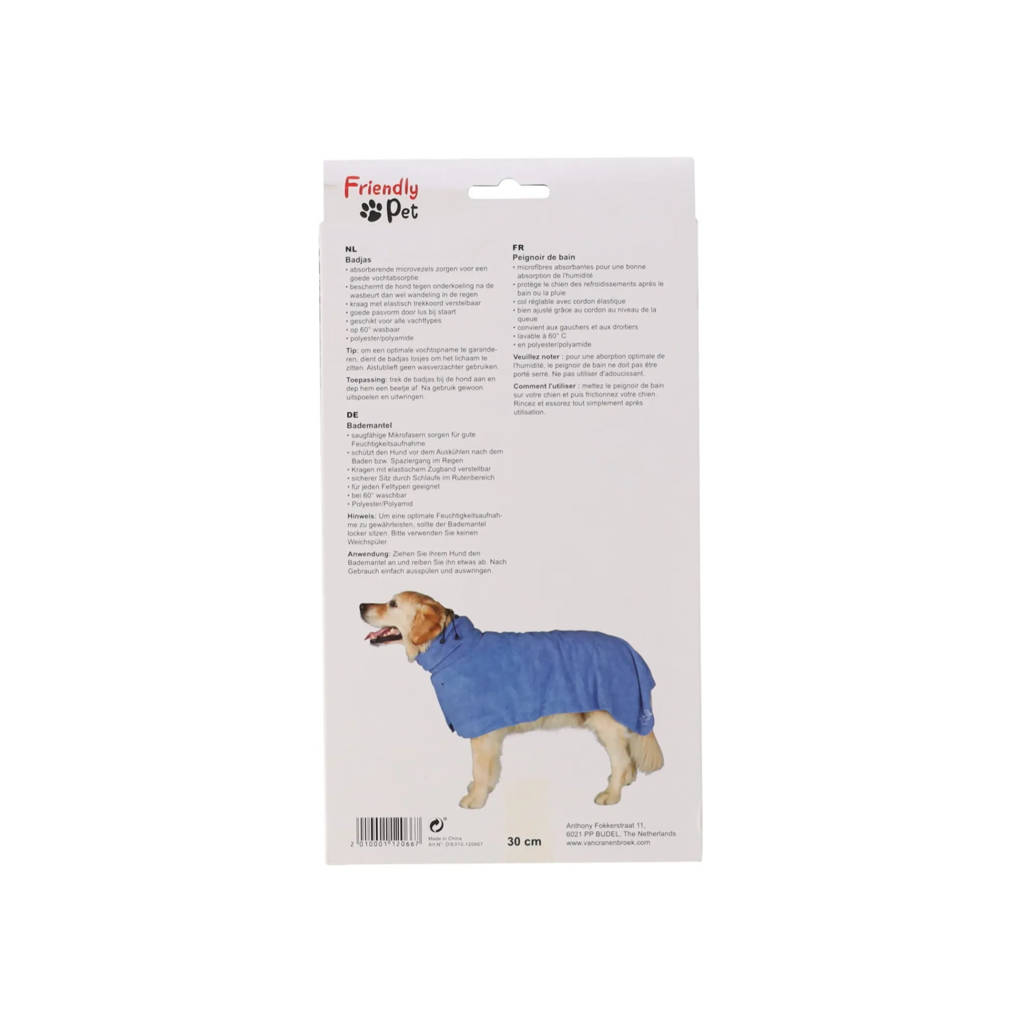 Friendly Pet Hondenverzorging>Badmantel hond blauw XS 30cm