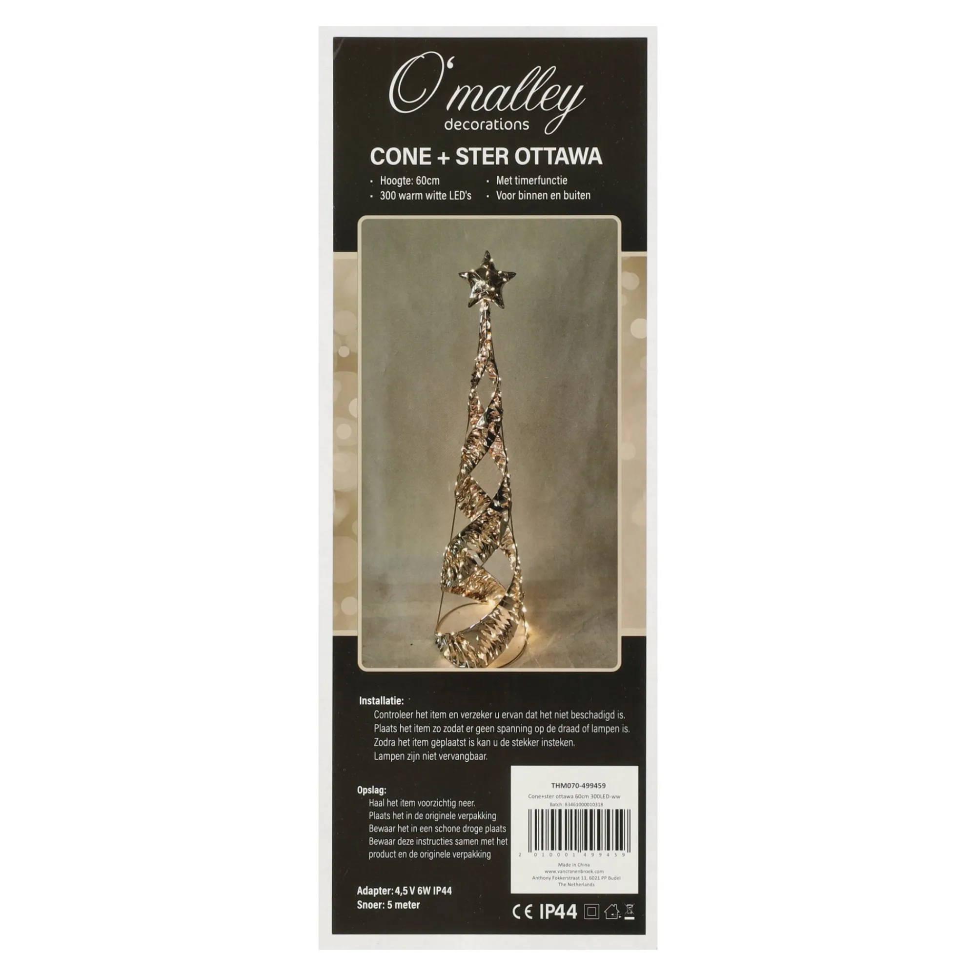 O'malley Kerstdecoratie>Cone met ster ottawa 60cm 300LED-ww