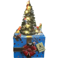 Kerstdorp>Kerstdorp boom met geschenk 11x11x21cm