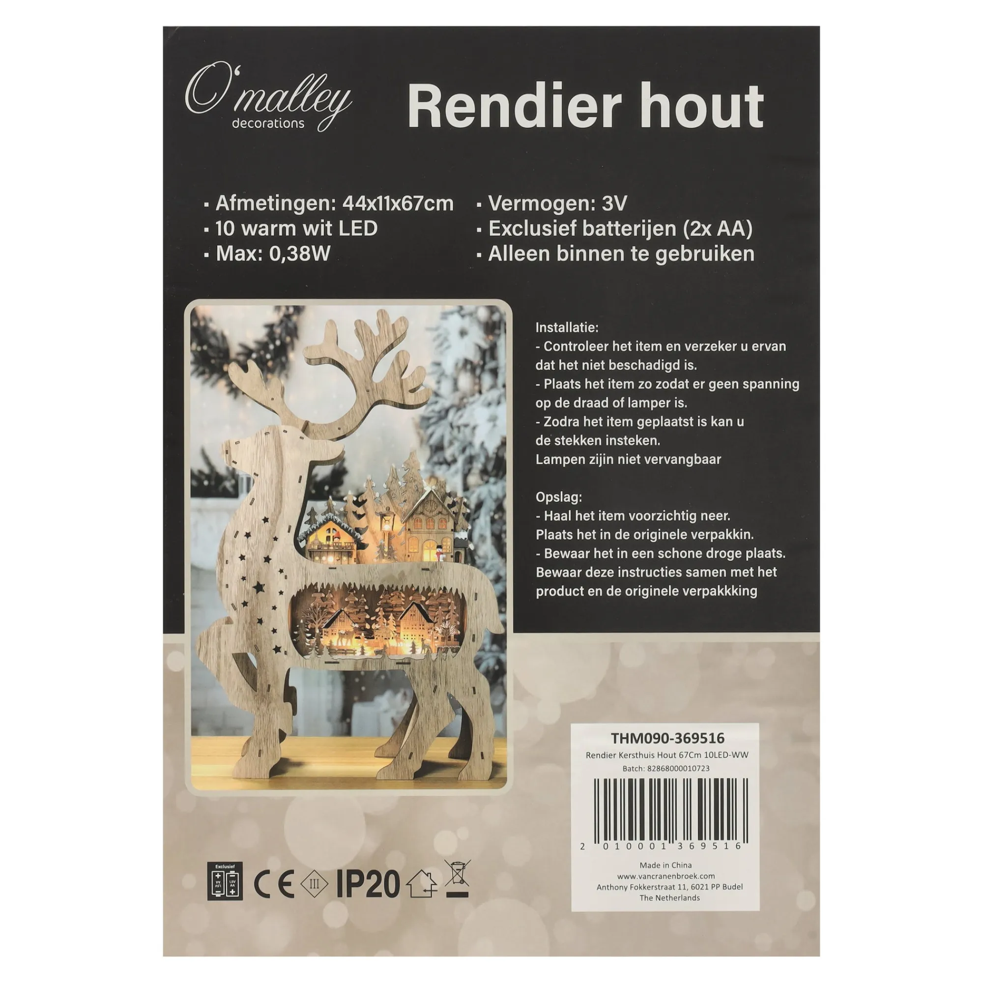 O'malley Kerstdecoratie>Rendier kersthuis hout 67 cm 10 LED