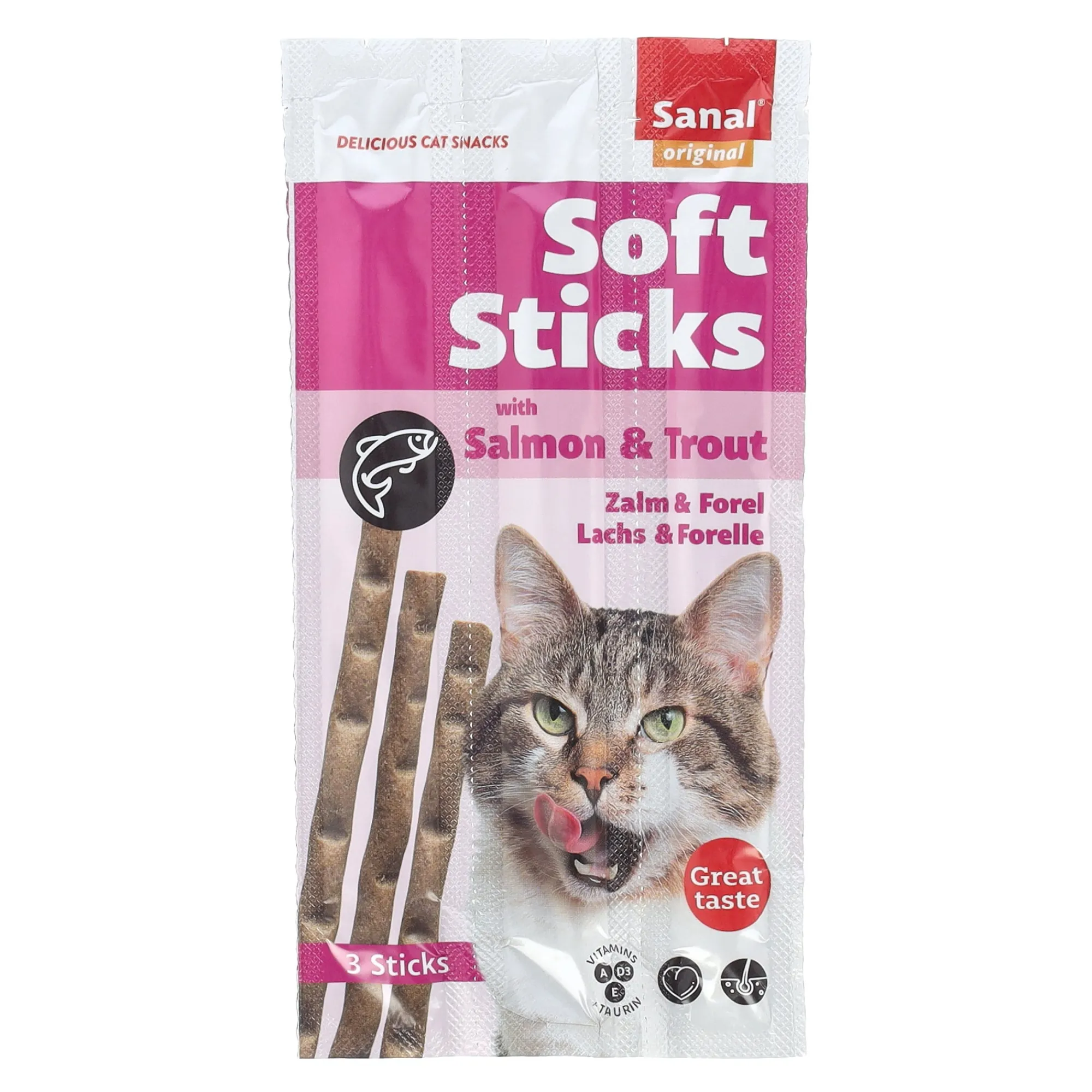 Sanal Kattensnoepjes>Snack kat soft sticks zalm+forel