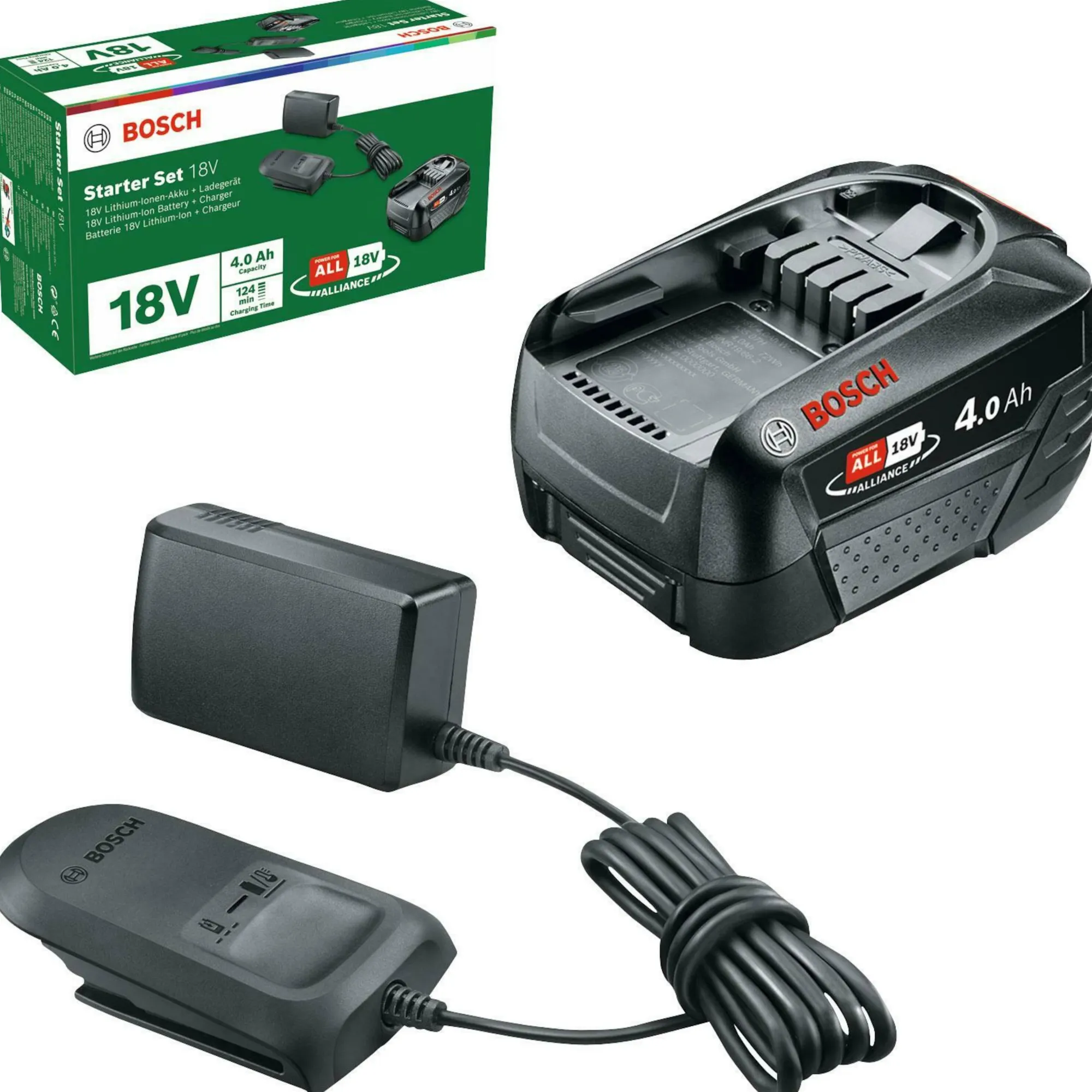 Bosch Tuinmachines>Startset Baretool lader met 18V 4,0Ah accu