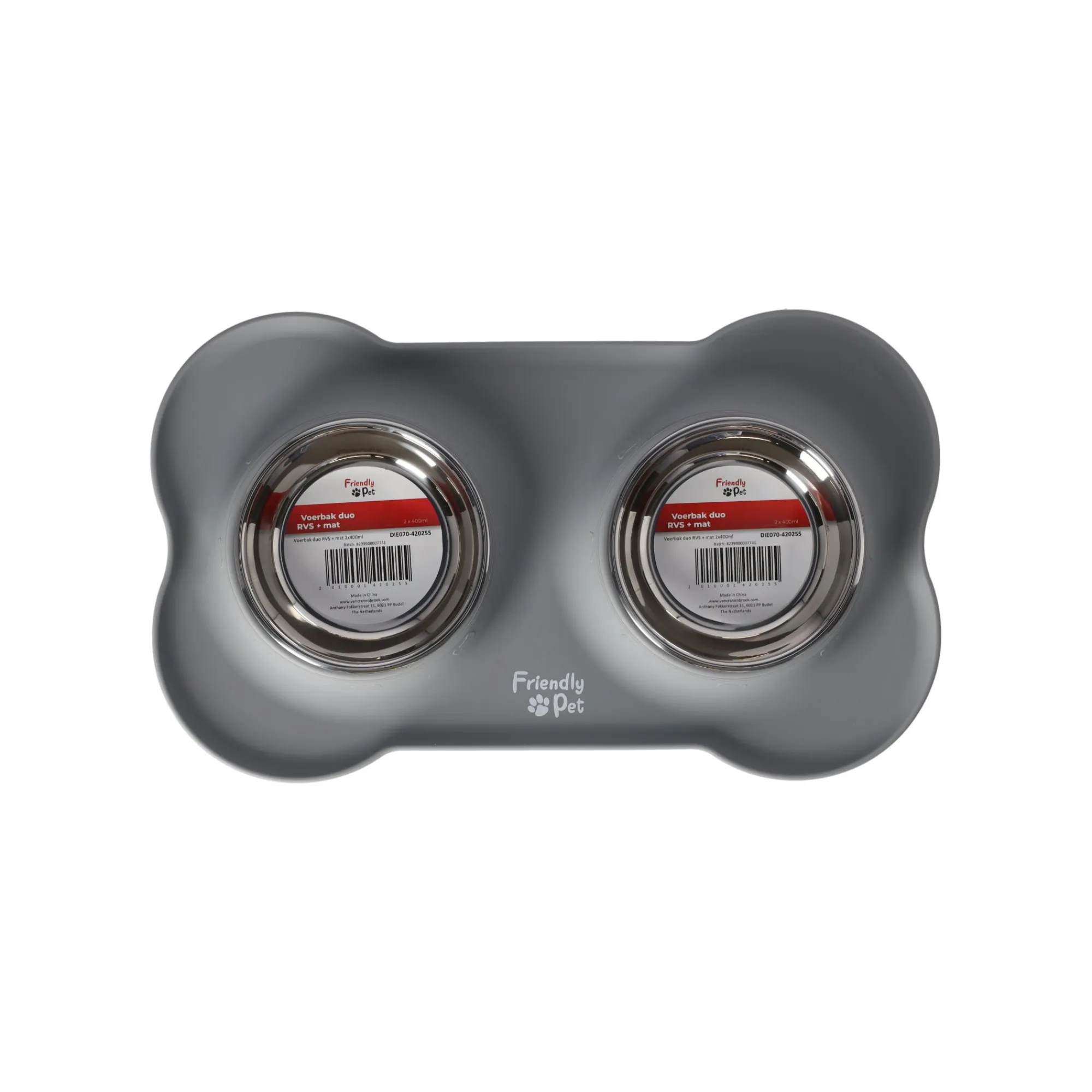 Friendly Pet Voerbak Kat>Voerbak duo RVS + mat 2x400ml
